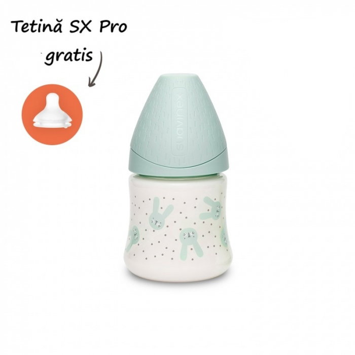 Biberon 150 ml Hygge Suavinex cu tetina rotunda din silicon, debit lent, iepuras verde 0 luni [1]