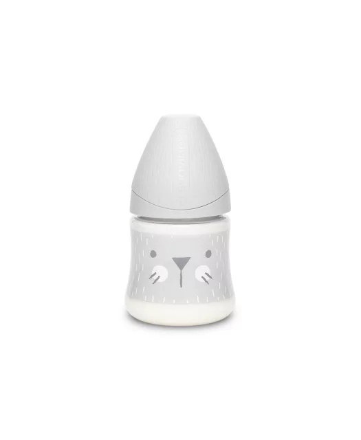 Biberon 150 ml Hygge Suavinex cu tetina rotunda din silicon, debit lent, pisica gri 0 luni [2]