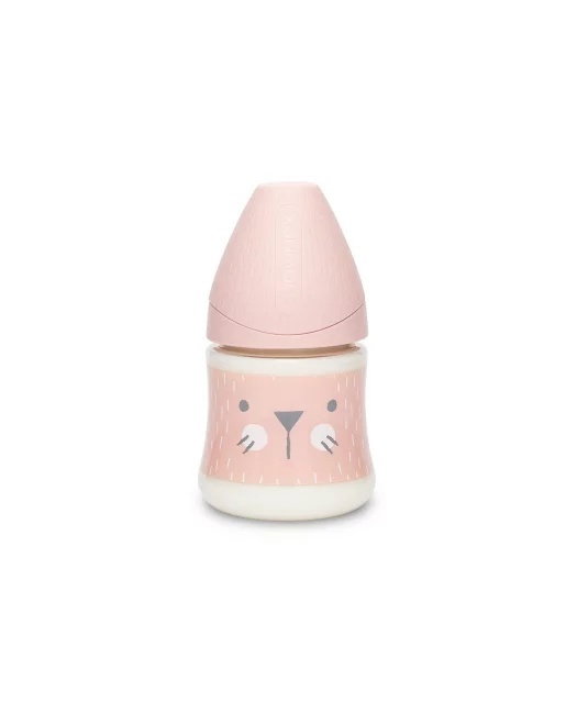 Biberon 150 ml cu tetină rotundă din silicon, debit lent, pisică roz Hygge Suavinex 0 luni [2]