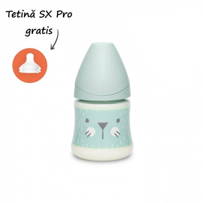 Biberon 150 ml Hygge Suavinex cu tetina rotunda din silicon, debit lent, pisica verde 0 luni [1]