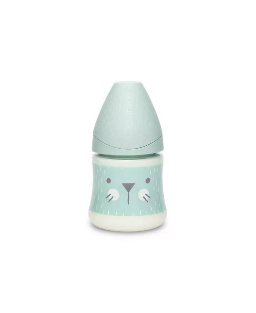 Biberon 150 ml Hygge Suavinex cu tetina rotunda din silicon, debit lent, pisica verde 0 luni [2]