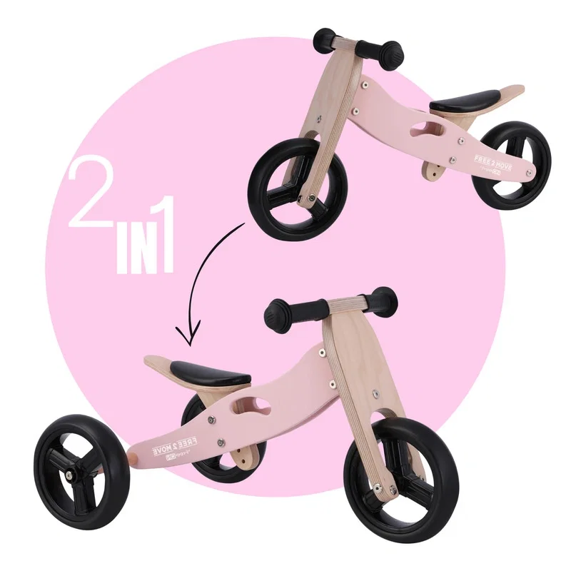 Bicicleta/tricicleta fara pedale din lemn, 2 in 1, Functie de bicicleta echilibru, Scaun reglabil, Roti ajustabile, [2]