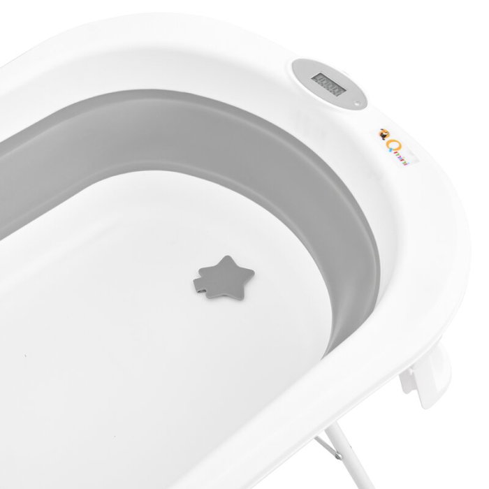 Cadita de baie pliabila, Qmini, Foldy Pro Care, Cu suport metalic si masuta de infasat, Cu termometru electronic, Cu dop si furtun pentru scurgere, Antiderapanta, 80×49 cm, Alb/Gri [25]