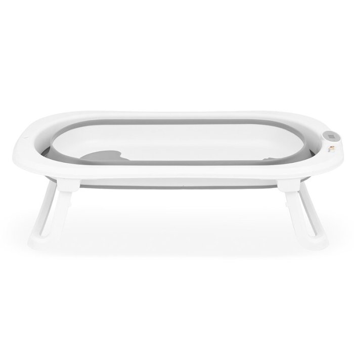 Cadita de baie pliabila, Qmini, Foldy Pro Care, Cu suport metalic si masuta de infasat, Cu termometru electronic, Cu dop si furtun pentru scurgere, Antiderapanta, 80×49 cm, Alb/Gri [13]