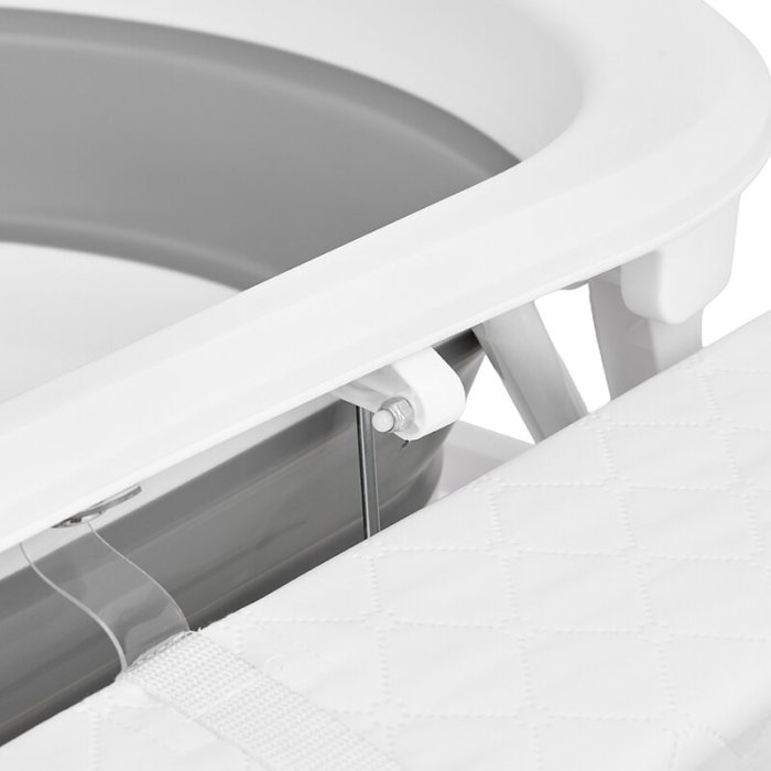 Cadita de baie pliabila, Qmini, Foldy Pro Care, Cu suport metalic si masuta de infasat, Cu termometru electronic, Cu dop si furtun pentru scurgere, Antiderapanta, 80×49 cm, Alb/Gri [19]