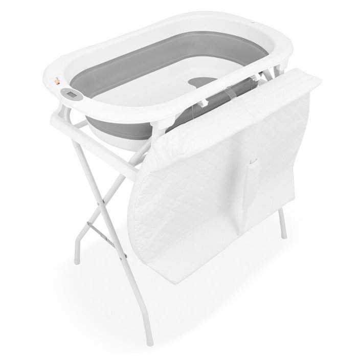 Cadita de baie pliabila, Qmini, Foldy Pro Care, Cu suport metalic si masuta de infasat, Cu termometru electronic, Cu dop si furtun pentru scurgere, Antiderapanta, 80×49 cm, Alb/Gri [4]