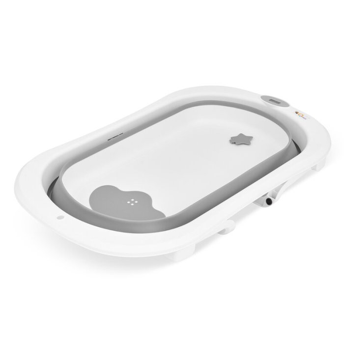 Cadita de baie pliabila, Qmini, Foldy Pro Care, Cu suport metalic si masuta de infasat, Cu termometru electronic, Cu dop si furtun pentru scurgere, Antiderapanta, 80×49 cm, Alb/Gri [16]