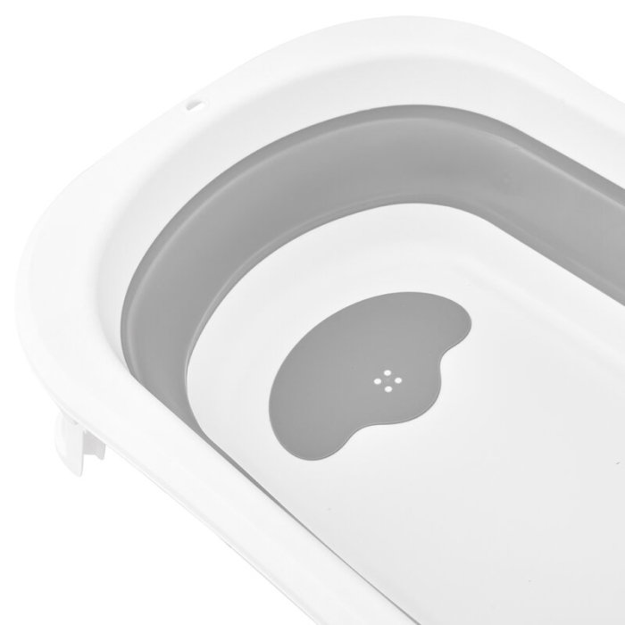 Cadita de baie pliabila, Qmini, Foldy Pro Care, Cu suport metalic si masuta de infasat, Cu termometru electronic, Cu dop si furtun pentru scurgere, Antiderapanta, 80×49 cm, Alb/Gri [26]