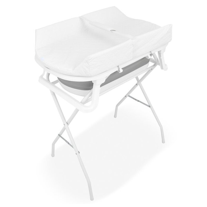Cadita de baie pliabila, Qmini, Foldy Pro Care, Cu suport metalic si masuta de infasat, Cu termometru electronic, Cu dop si furtun pentru scurgere, Antiderapanta, 80×49 cm, Alb/Gri [1]