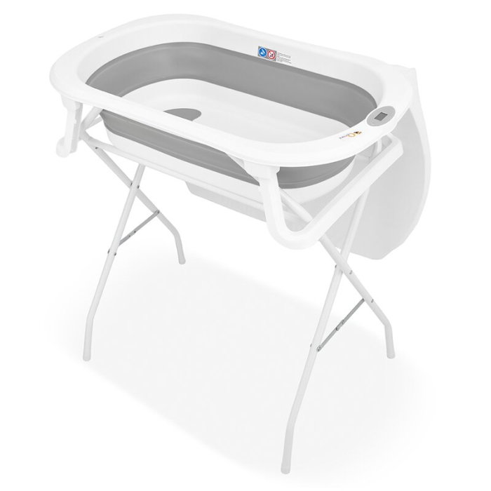 Cadita de baie pliabila, Qmini, Foldy Pro Care, Cu suport metalic si masuta de infasat, Cu termometru electronic, Cu dop si furtun pentru scurgere, Antiderapanta, 80×49 cm, Alb/Gri [5]