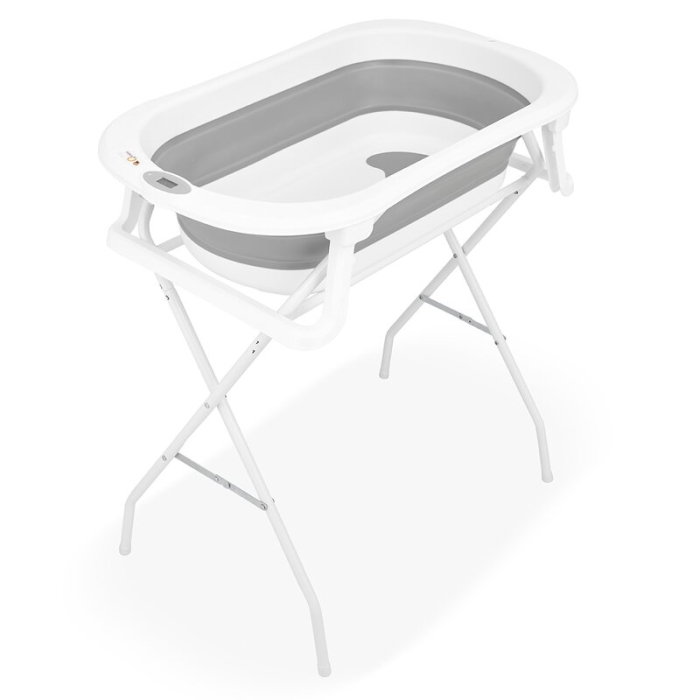 Cadita de baie pliabila, Qmini, Foldy Pro, Cu suport metalic si pernuta de baie, Cu termometru electronic, Cu dop si furtun pentru scurgere, Antiderapanta, 80×49 cm, Alb/Gri [4]