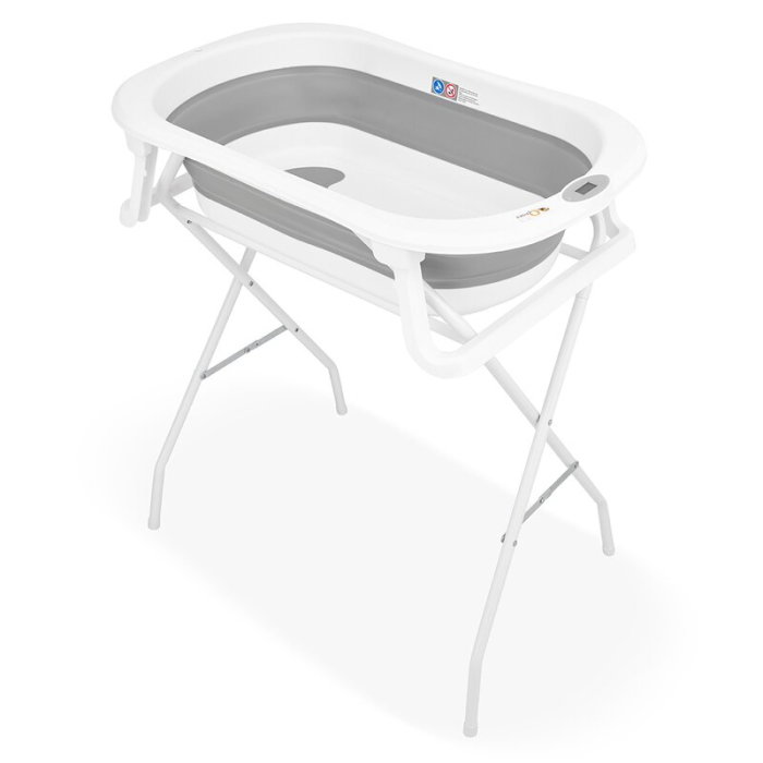 Cadita de baie pliabila, Qmini, Foldy Pro, Cu suport metalic si pernuta de baie, Cu termometru electronic, Cu dop si furtun pentru scurgere, Antiderapanta, 80×49 cm, Alb/Gri [7]