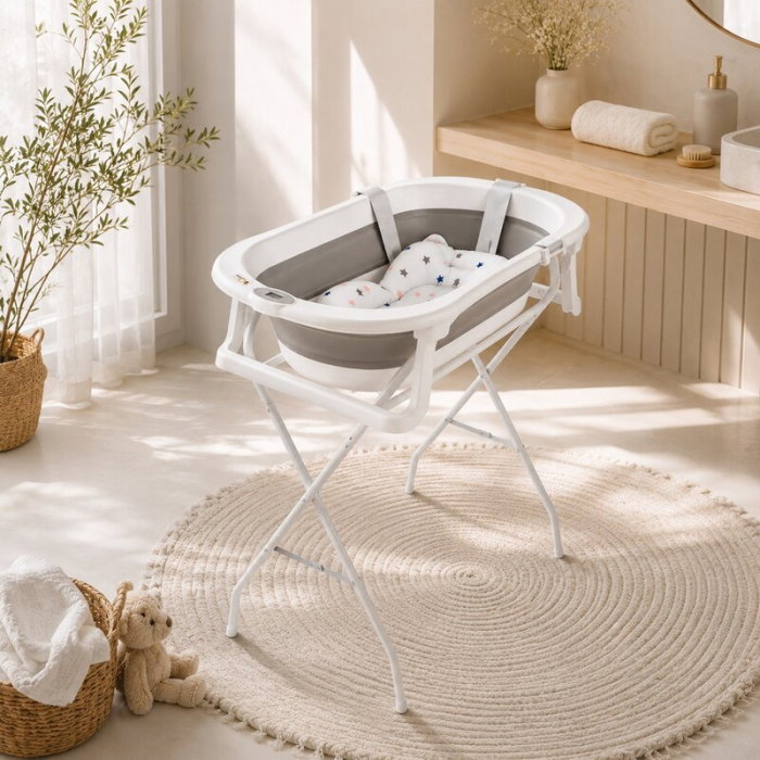 Cadita de baie pliabila, Qmini, Foldy Pro, Cu suport metalic si pernuta de baie, Cu termometru electronic, Cu dop si furtun pentru scurgere, Antiderapanta, 80×49 cm, Alb/Gri [3]