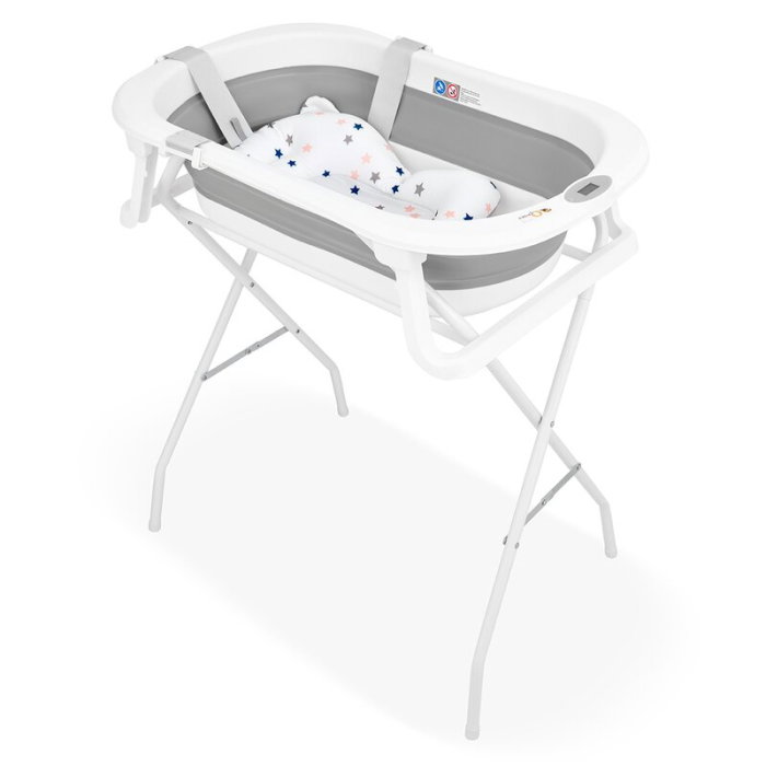 Cadita de baie pliabila, Qmini, Foldy Pro, Cu suport metalic si pernuta de baie, Cu termometru electronic, Cu dop si furtun pentru scurgere, Antiderapanta, 80×49 cm, Alb/Gri [1]