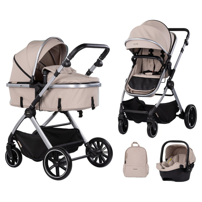 Carucior Chipolino Pearl 3 in 1, Cu scoica auto, Sezut reversibil, Husa de picioare, Gentuta parinti, Pana la 22 kg, Latte [1]
