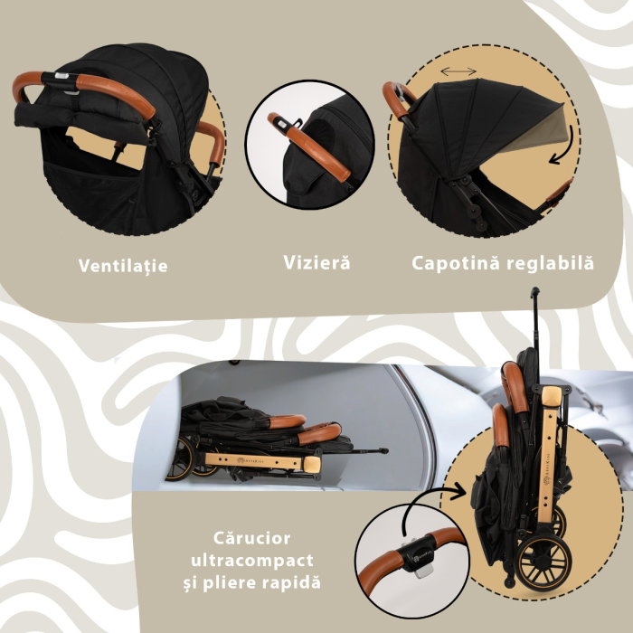 Carucior Sport AppeKids Travel, Ultracompact, tip troller, pana la 15 kg, pliere automata, cadru usor - 6.7 kg, Negru [4]