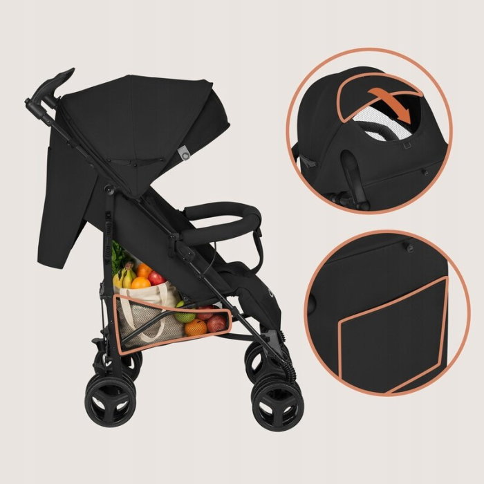 Carucior sport compact, Lionelo, Irma, Spatar ajustabil in 4 pozitii, Suport picioare reglabil, Manere rotative, Pliere tip umbrela, 6- 36 luni, Pana la 15 kg, Negru Onyx [15]