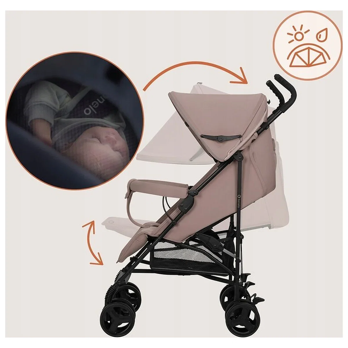Carucior sport, Lionelo, Elia, Cu plasa de tantari, Suport de picioare reglabil, Spatar ajustabil in 4 pozitii, Capotina XXL, Pliere tip umbrela, Capacitate 15 kg, 6 luni+, Bej Taupe [15]