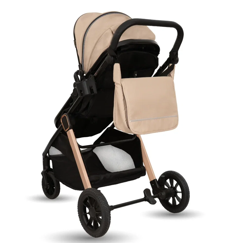 Carucior transformabil 2 in 1, Appekids Elite, de la naștere până la 22 kg, sezut reversibil, cadru usor, compatibil scoici auto, include gentuta, husa picioare, husa ploaie, plasa anti-insecte, Sand [4]