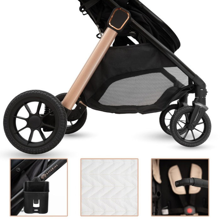 Carucior transformabil 2 in 1, Appekids Elite, de la naștere până la 22 kg, sezut reversibil, cadru usor, compatibil scoici auto, include gentuta, husa picioare, husa ploaie, plasa anti-insecte, Sand [5]