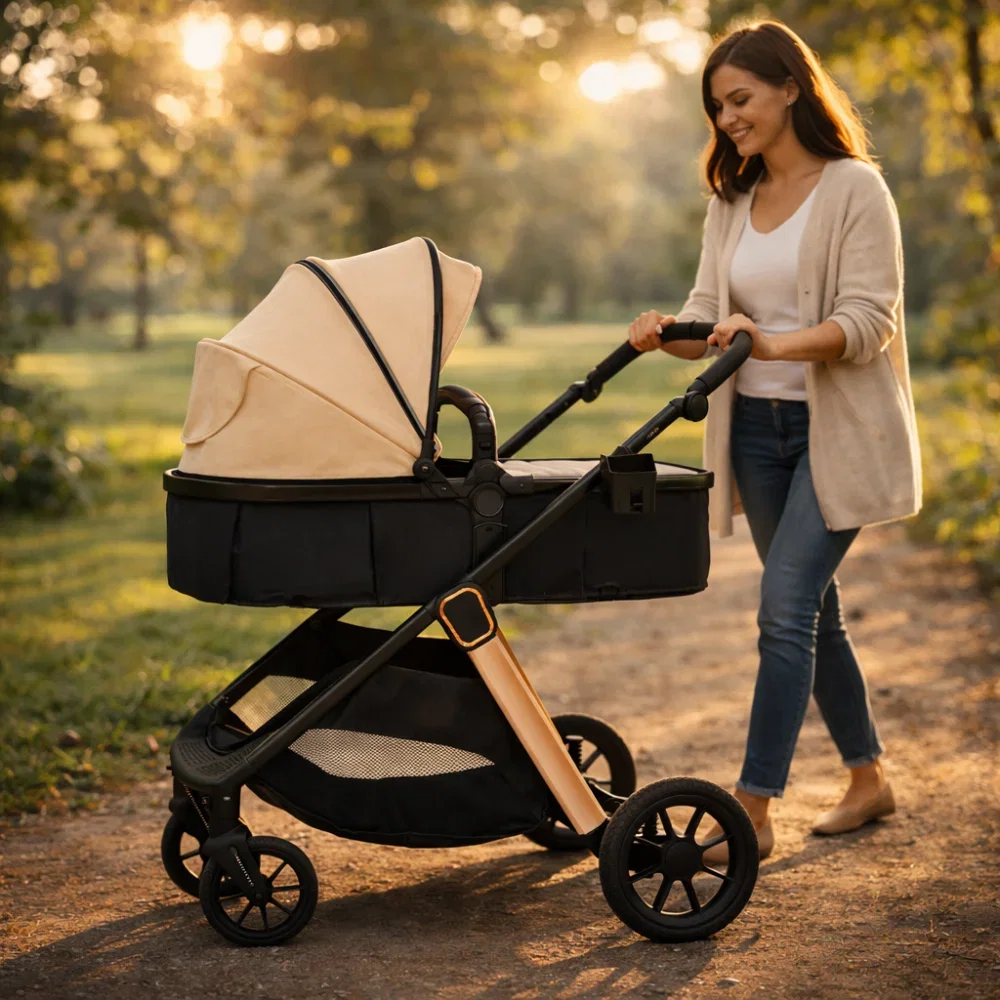 Carucior transformabil 2 in 1, Appekids Elite, de la naștere până la 22 kg, sezut reversibil, cadru usor, compatibil scoici auto, include gentuta, husa picioare, husa ploaie, plasa anti-insecte, Sand [9]