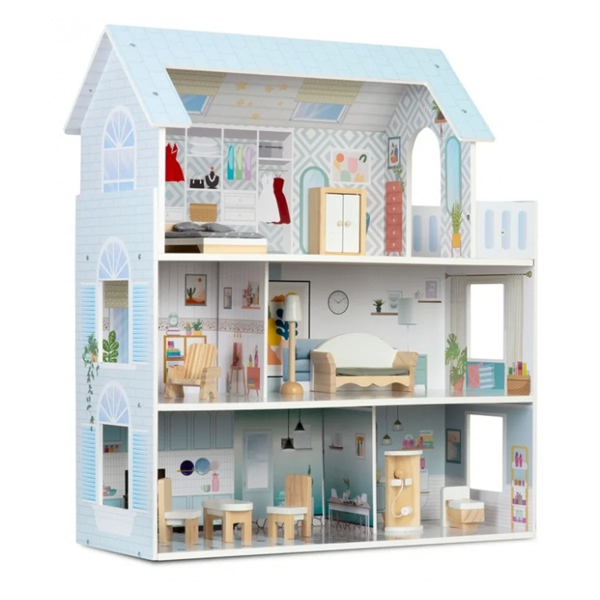 Casuta de papusi din lemn, 3 etaje, mobilier inclus, 60 x 24 x 70 cm, Ricokids - Albastru deschis 3 ani+ [2]