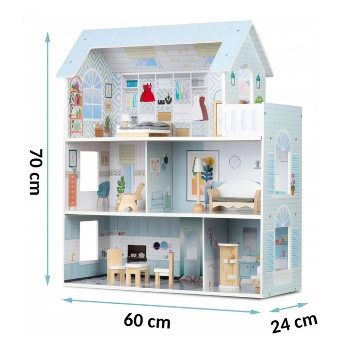 Casuta de papusi din lemn, 3 etaje, mobilier inclus, 60 x 24 x 70 cm, Ricokids - Albastru deschis 3 ani+ [8]