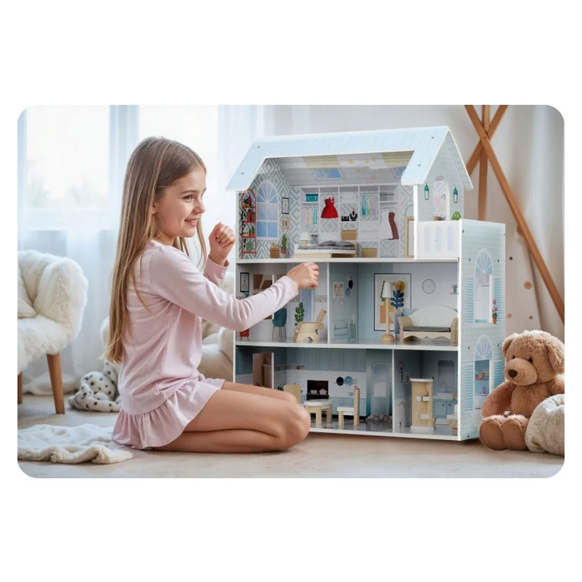 Casuta de papusi din lemn, 3 etaje, mobilier inclus, 60 x 24 x 70 cm, Ricokids - Albastru deschis 3 ani+ [4]