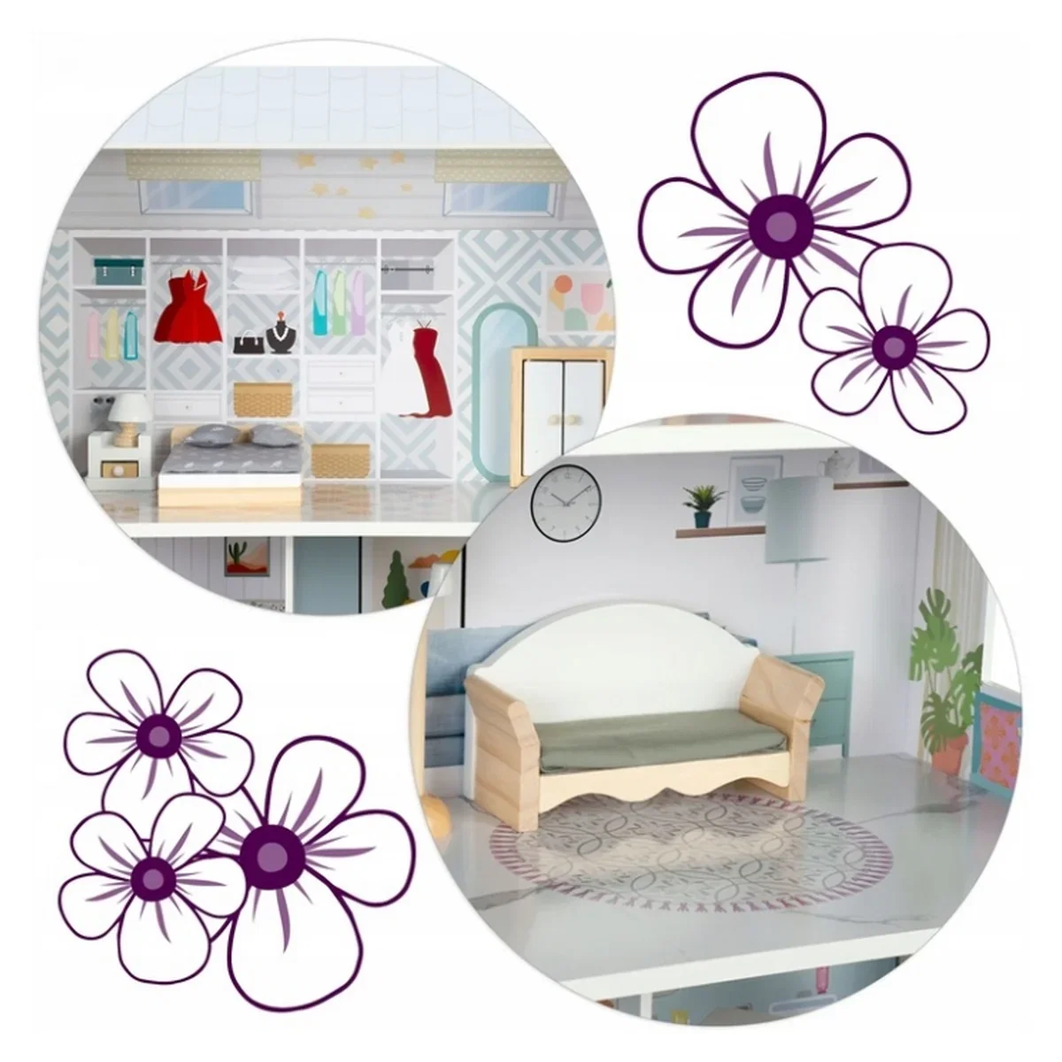 Casuta de papusi din lemn, 3 etaje, mobilier inclus, 60 x 24 x 70 cm, Ricokids - Albastru deschis 3 ani+ [3]