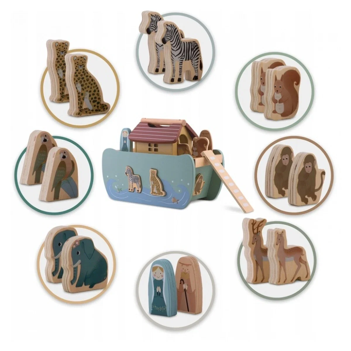 Jucarie educativa Arca lui Noe din lemn cu animalute, 17.5 x 13.5 x 20 cm, Nukido 12 luni+ [4]