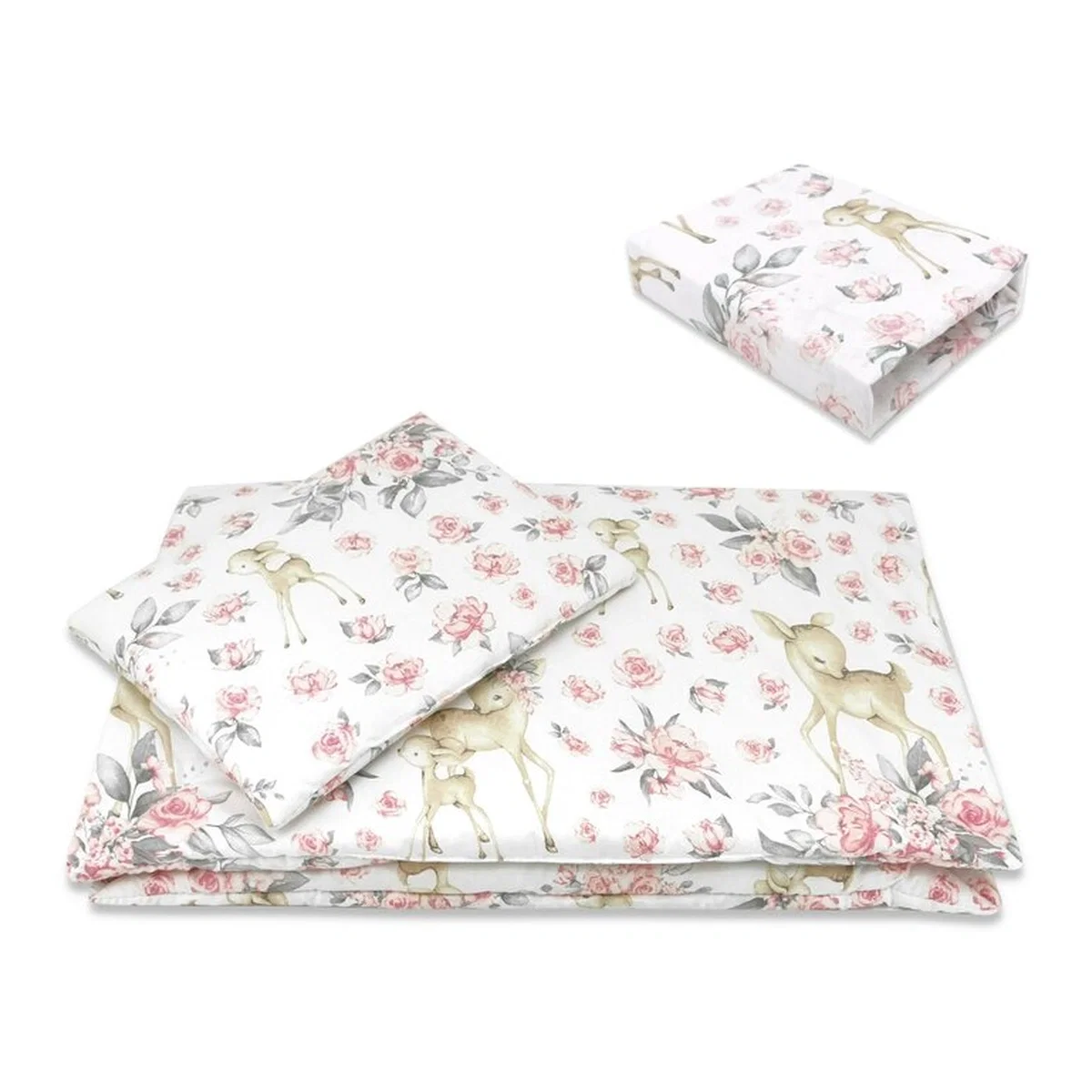 Lenjerie patut cu 3 piese, MimiNu, Cu cearceaf 120x60 cm, Pilota, Pernuta, bumbac 100%, Sweet Deer Pink [1]