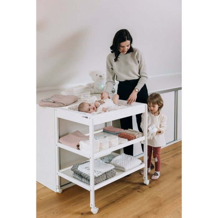 Masuta de infasat, FreeON, Mila, Din lemn, Cu 4 roti pentru transport facil, Cu 3 suprafete de depozitare, 76x54x86 cm, White [6]