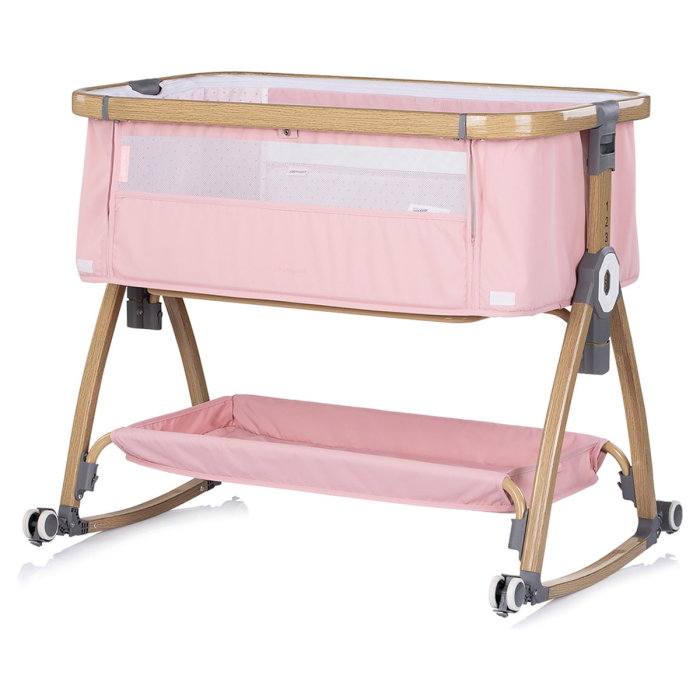 Patut co-sleeper Chipolino Charisma cu laterala culisanta, functie leagan, inclinare anti-reflux, plasa anti-insecte, Powder pink wood [6]