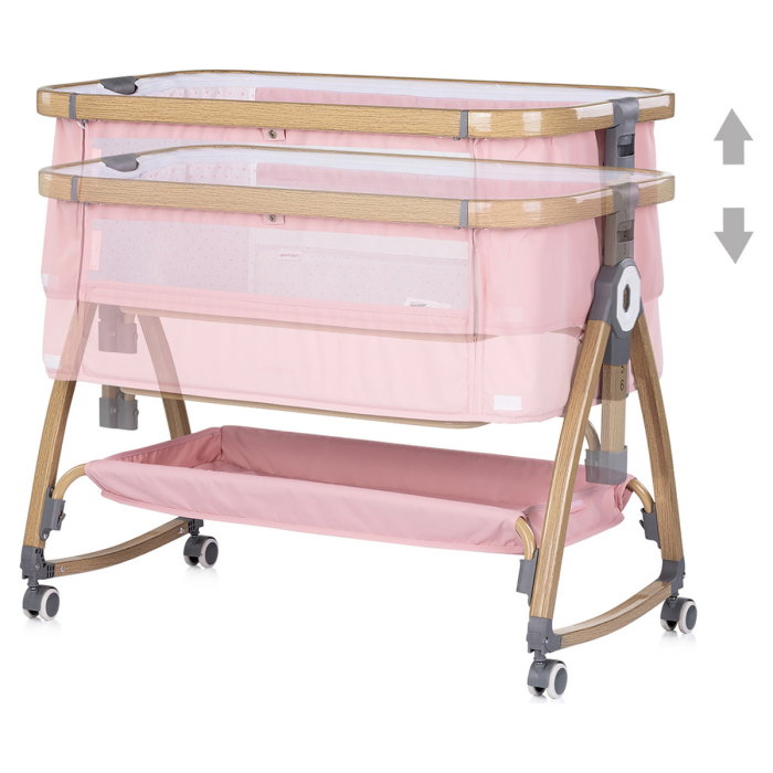 Patut co-sleeper Chipolino Charisma cu laterala culisanta, functie leagan, inclinare anti-reflux, plasa anti-insecte, Powder pink wood [4]