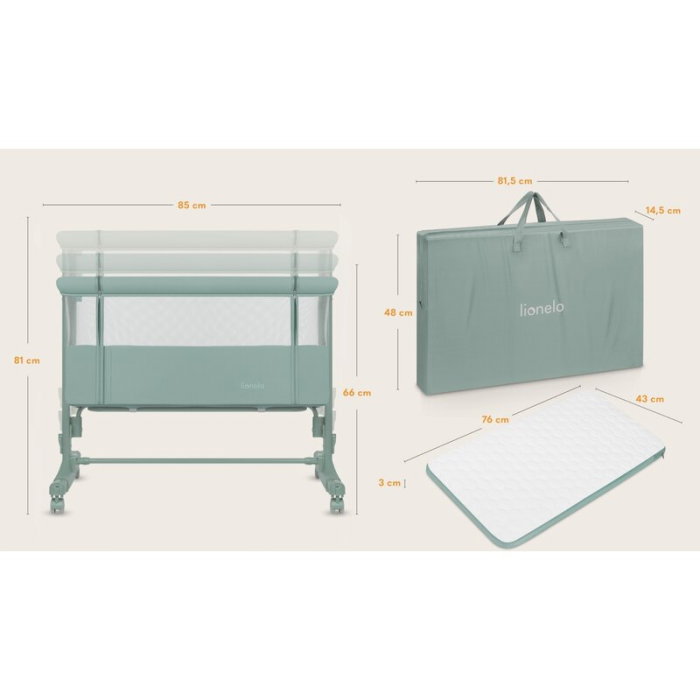 Patut co-sleeper, Lionelo, Aurora, 3 in 1, Cu leganare si setare unghiulara, Saltea cu densitate T25 si geanta [22]