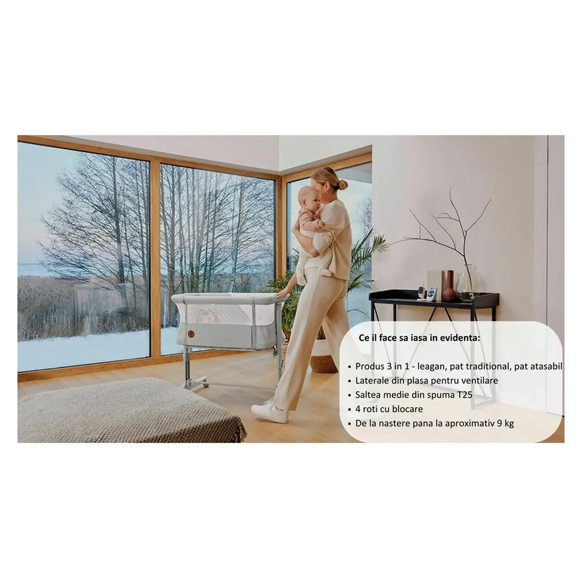 Patut co-sleeper, Lionelo, Aurora, 3 in 1, functie leganare, Include saltea si geanta transport, 5 pozitii pe inaltime, [23]