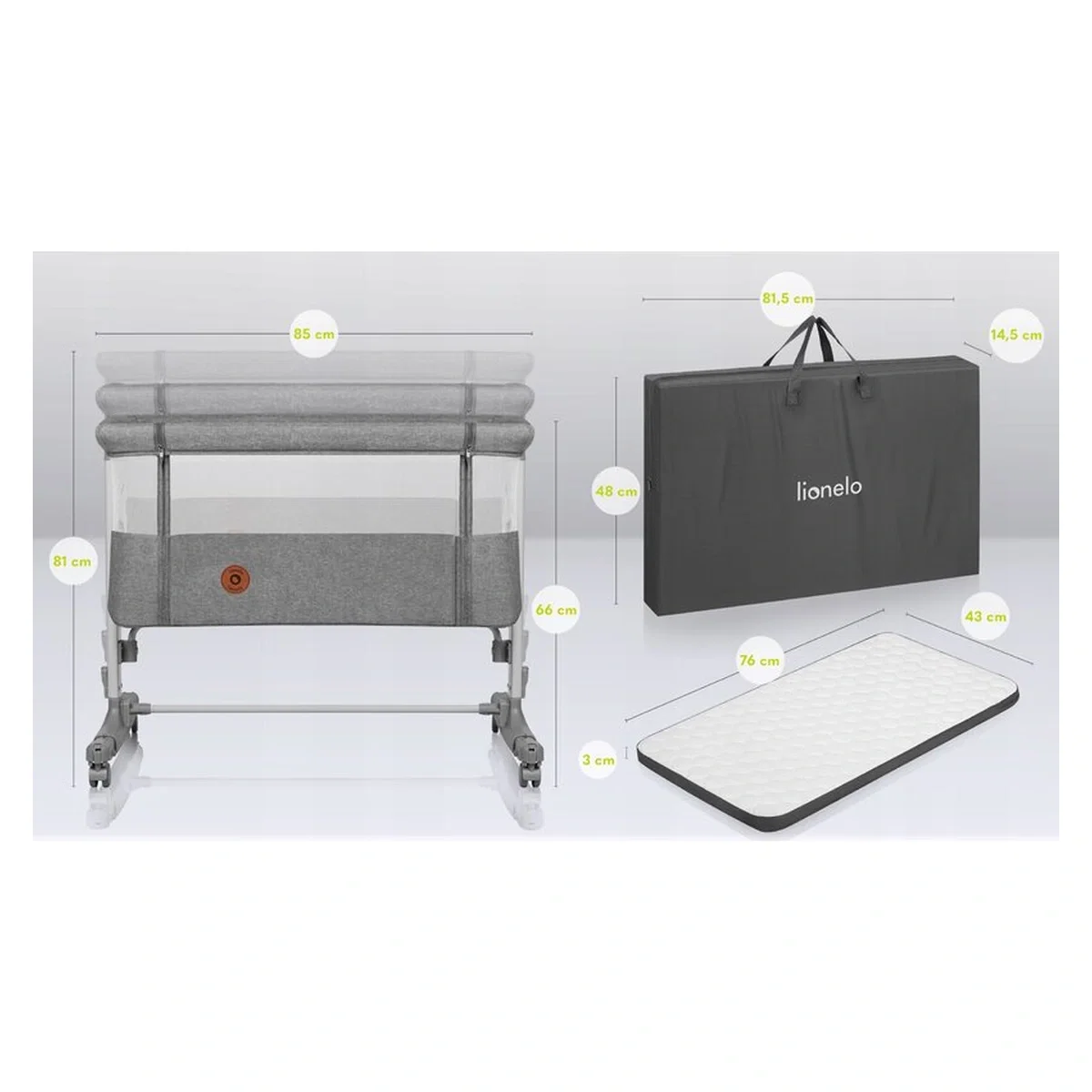 Patut co-sleeper, Lionelo, Aurora, 3 in 1, functie leganare, Include saltea si geanta transport, 5 pozitii pe inaltime, [25]