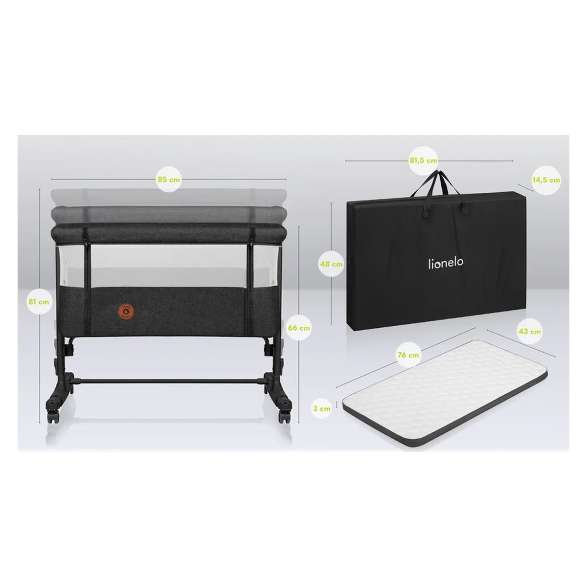 Patut co-sleeper, Lionelo, Aurora, 3 in 1, functie leganare, Include saltea si geanta transport, 5 pozitii pe inaltime, [42]