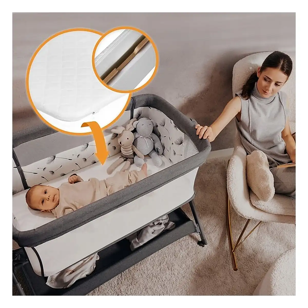 Patut co-sleeper, Lionelo, Leonie Plus, Pliabil, Cu sistem de leganare, Bej 0 luni+ [22]
