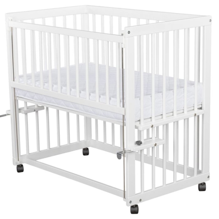 Patut co-sleeper, Qmini, Dalia, Multifunctional, 90x50 cm, Din lemn de pin, Reglabil pe orice treapta de inaltime la patul parintilor, Sistem de ancorare si roti cu frana incluse, Alb + Saltea 8 cm [7]
