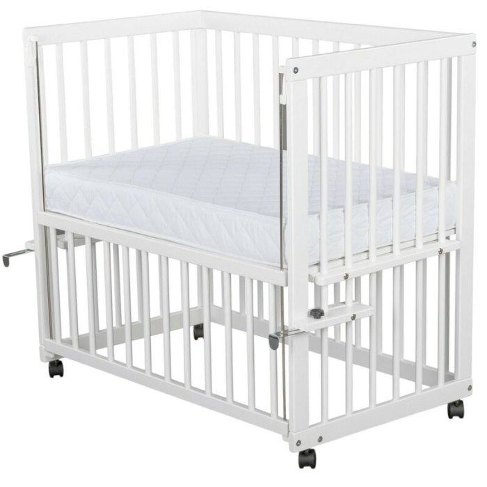 Patut co-sleeper, Qmini, Dalia, Multifunctional, 90x50 cm, Din lemn de pin, Reglabil pe orice treapta de inaltime la patul parintilor, Sistem de ancorare si roti cu frana incluse, Alb + Saltea 8 cm [6]