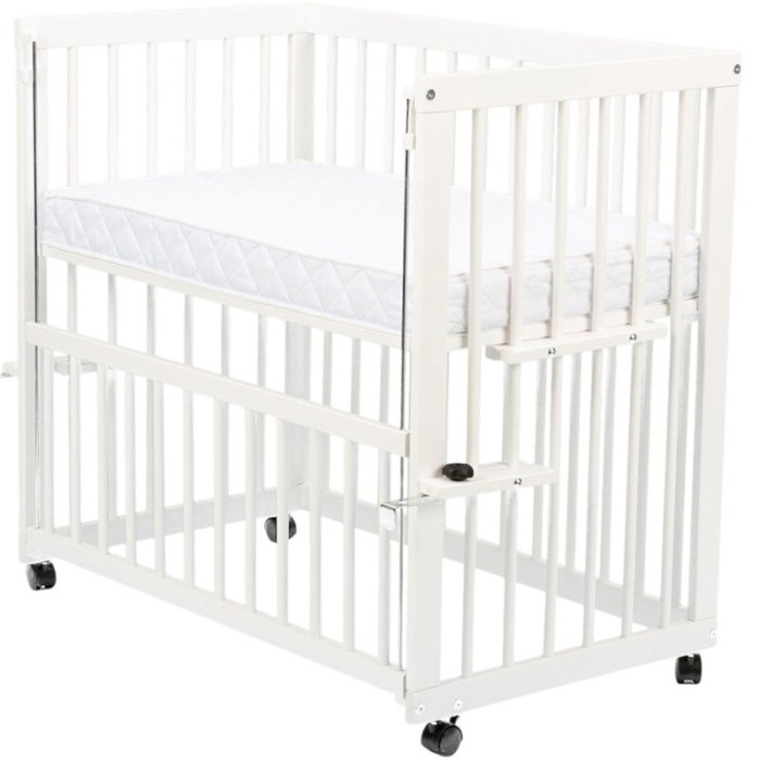 Patut co-sleeper, Qmini, Dalia, Multifunctional, 90x50 cm, Din lemn de pin, Reglabil pe orice treapta de inaltime la patul parintilor, Sistem de ancorare si roti cu frana incluse, Alb + Saltea 8 cm [8]