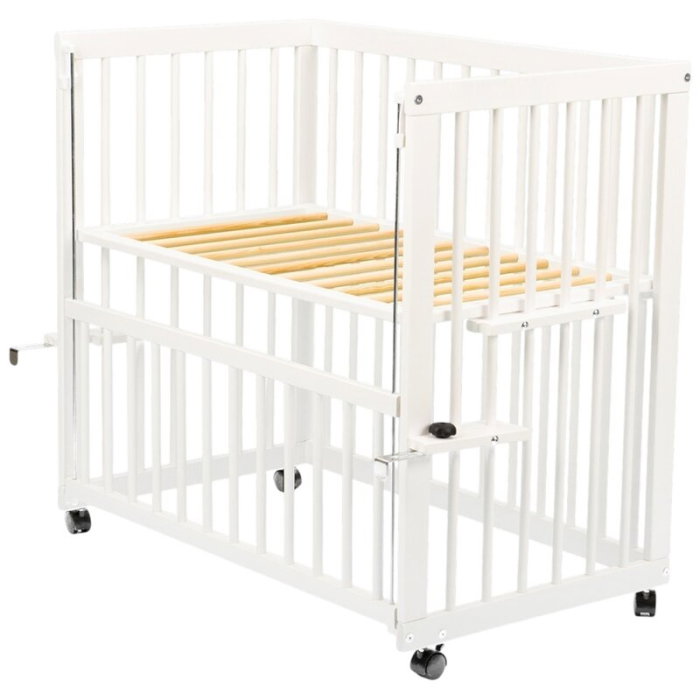 Patut co-sleeper, Qmini, Dalia, Multifunctional, 90x50 cm, Din lemn de pin, Reglabil pe orice treapta de inaltime la patul parintilor, Sistem de ancorare si roti cu frana incluse, Alb + Saltea 8 cm [9]