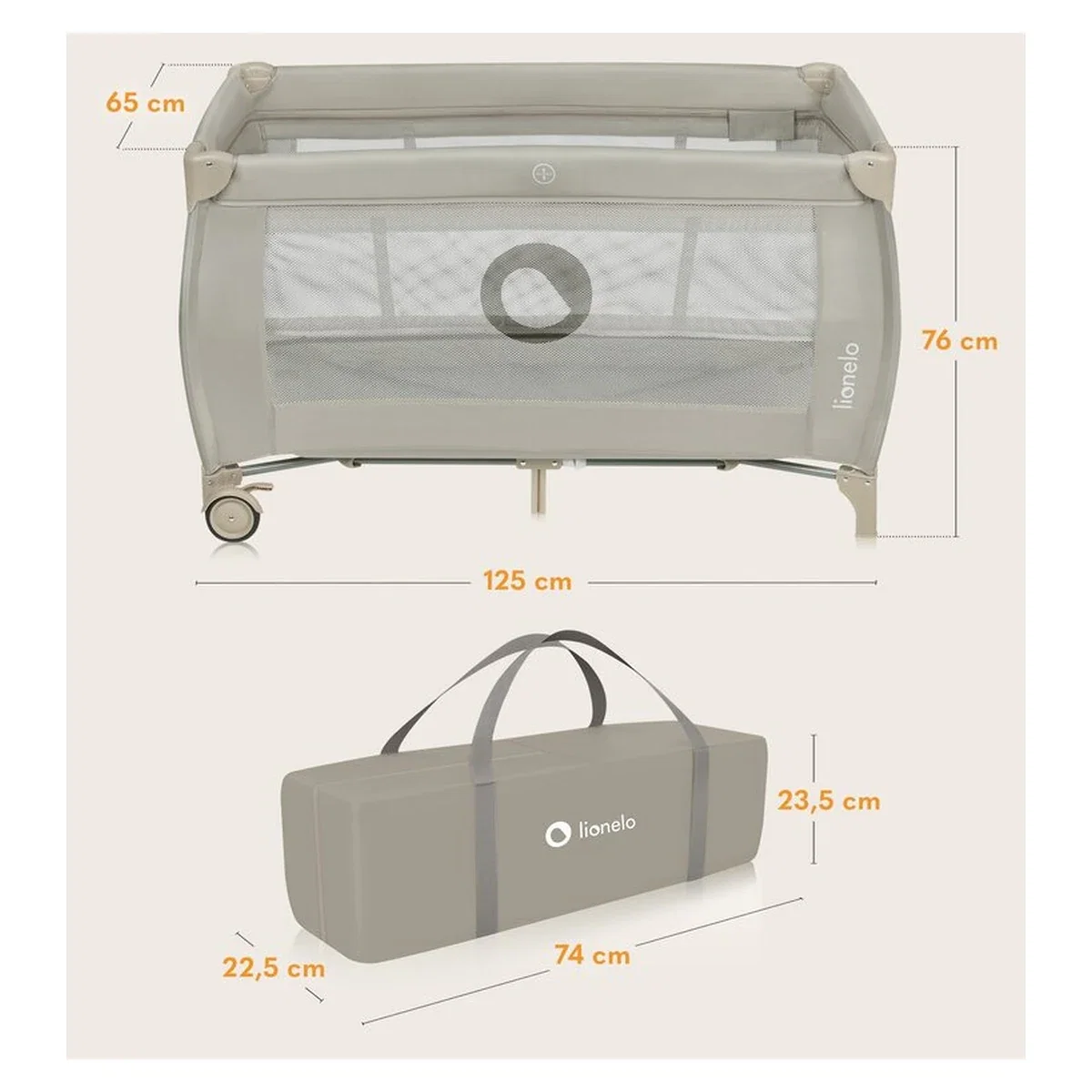 Patut pliant, Lionelo, Stefi Plus, Cu doua nivele, Cu intrare laterala cu fermoar, 2 roti, 120 x 60 cm, Bej 36 luni [21]