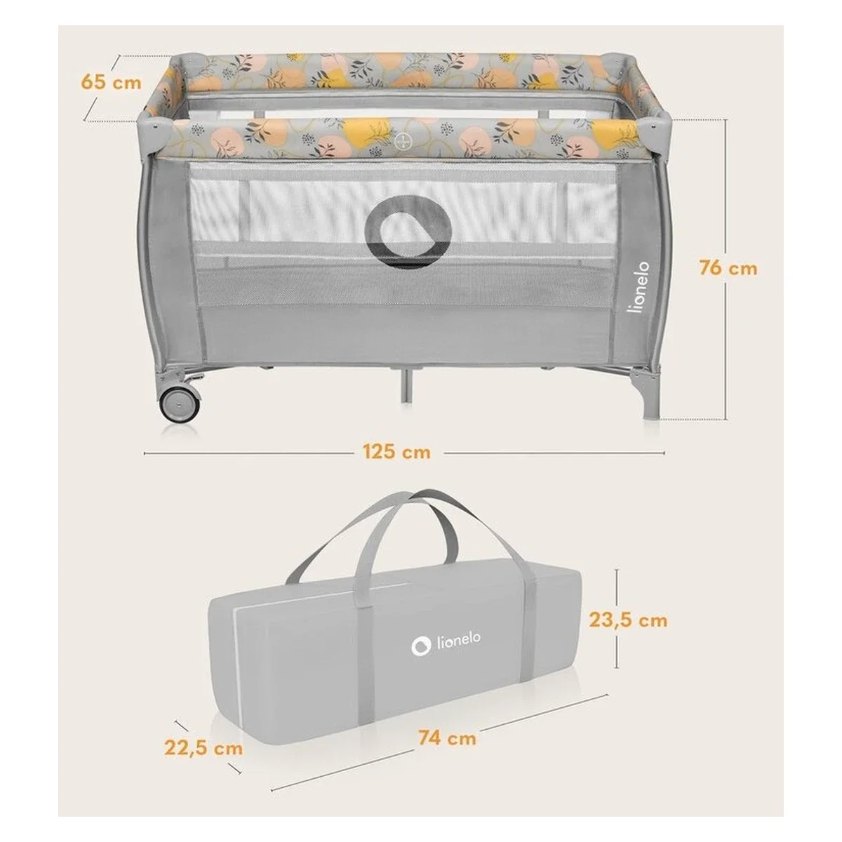 Patut pliant, Lionelo, Stefi Plus, Cu doua nivele, Cu intrare laterala cu fermoar, 2 roti, 120 x 60 cm, Gri/ Multicolor [28]