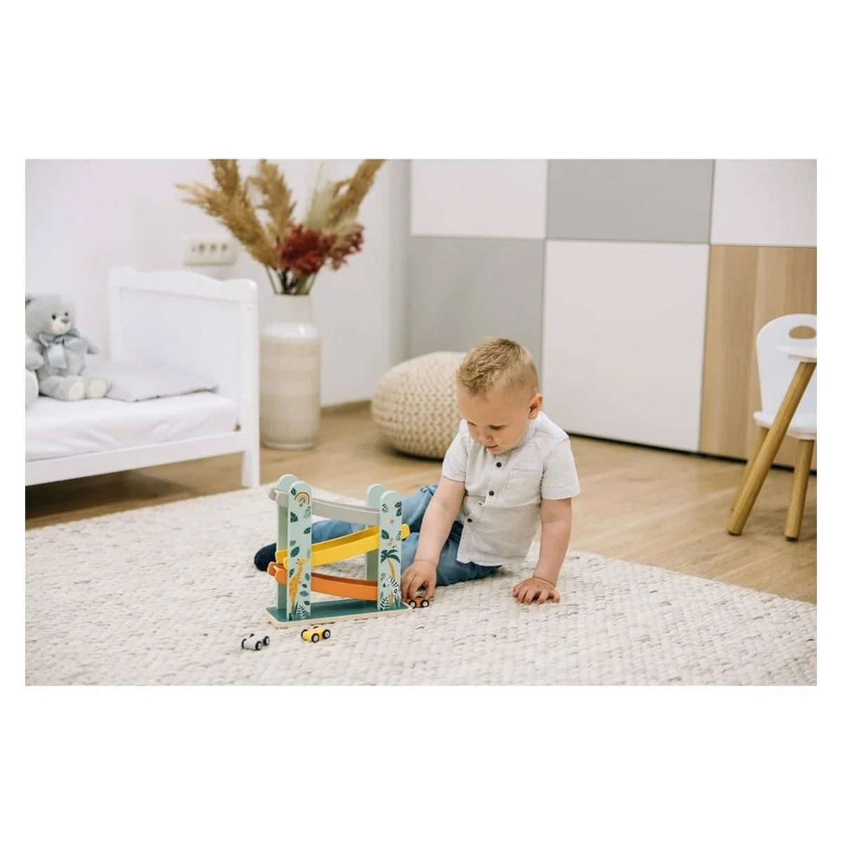 Pista de masini, Din lemn, Cu 3 masinute incluse, 26.9 x 23.6 x 7 cm Free2Play 18 luni [5]