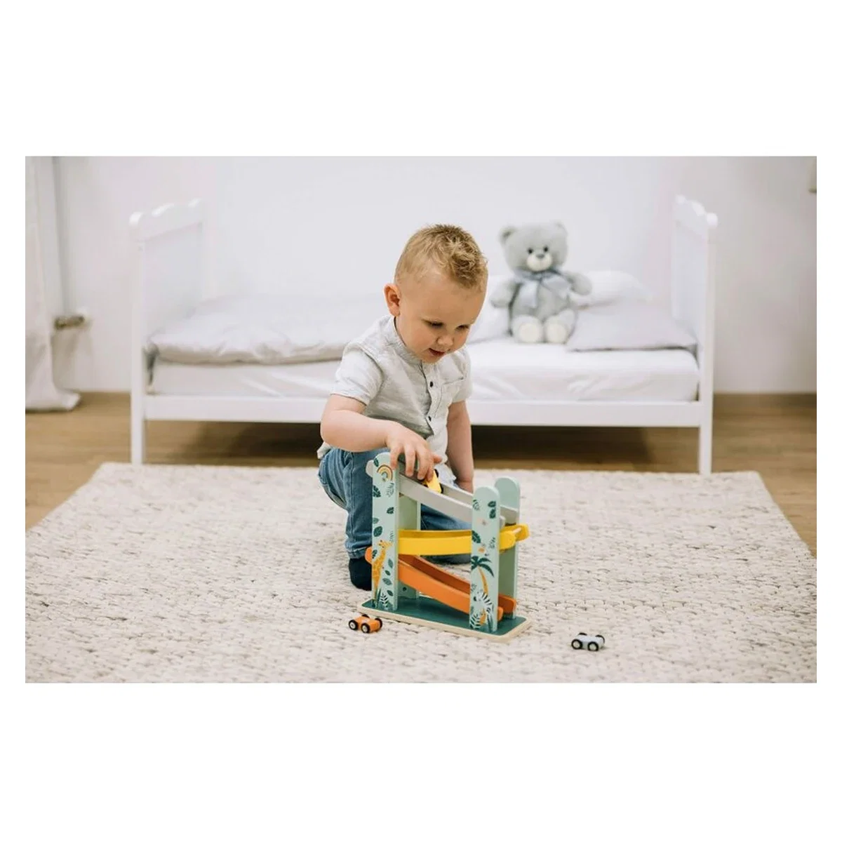 Pista de masini, Din lemn, Cu 3 masinute incluse, 26.9 x 23.6 x 7 cm Free2Play 18 luni [6]