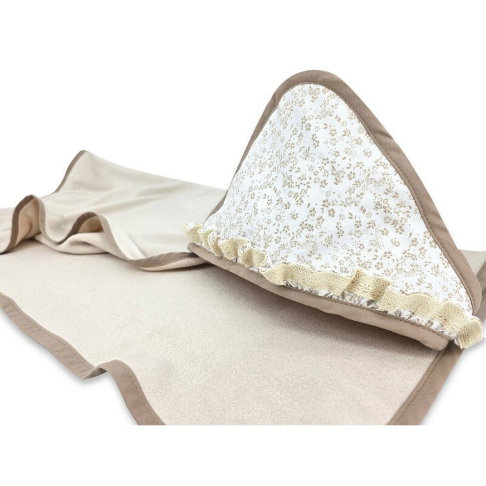 Prosop cu gluga, MimiNu, Premium, Cu volanas si dantela, Dimensiune 100x100 cm, Din bumbac si bambus, Materiale [1]