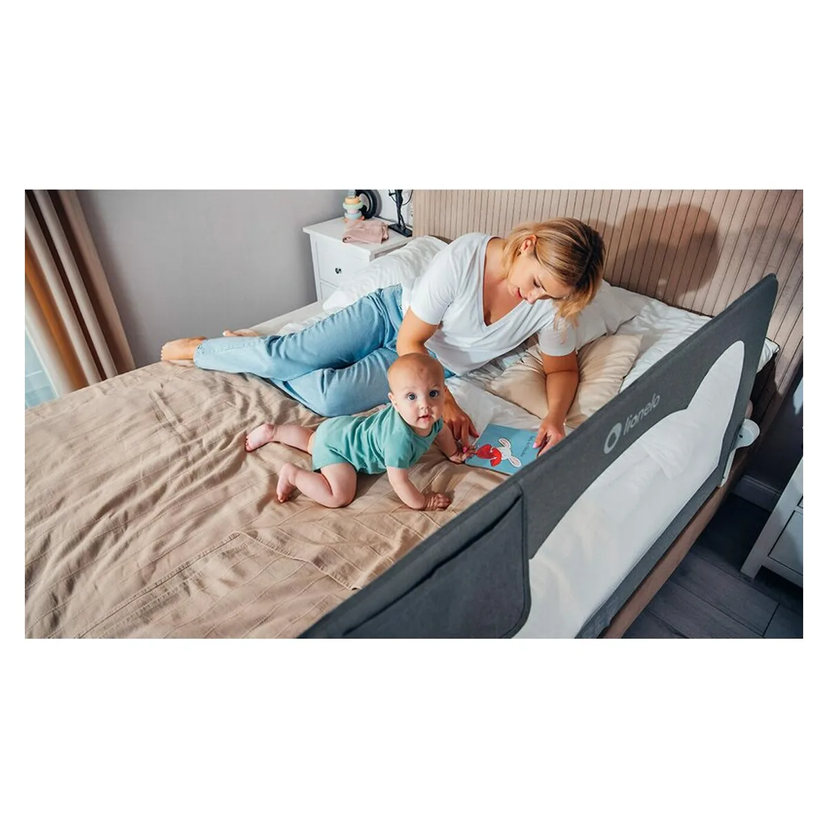 Protectie laterala pat, Lionelo, Hanna, Cu buzunar accesorii, 150x66 cm, Bej 18 luni+ [11]