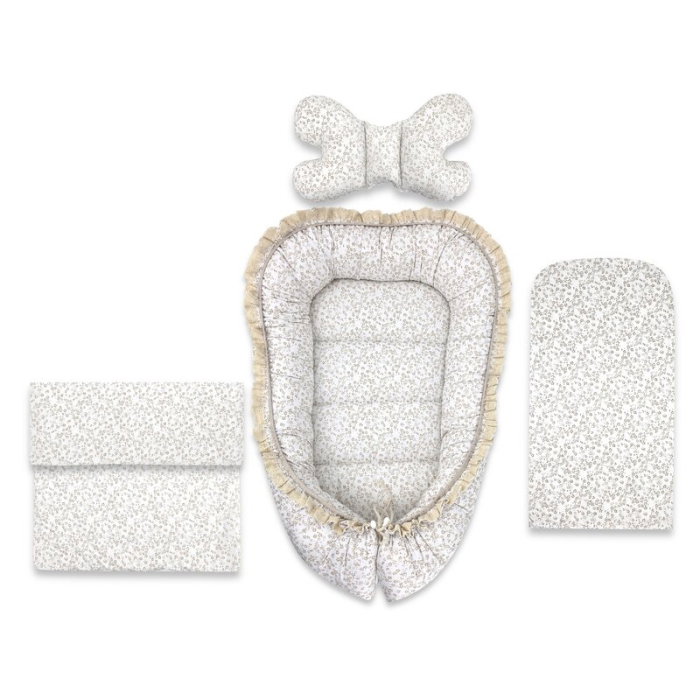 Set 4 in 1 Cosulet bebelus, MimiNu, Premium, Baby Cocoon 75x55 cm, Cu volanase si dantela, Din bumbac certificat Oeko [1]